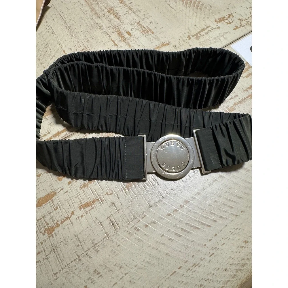 Y2K Guess Womens green Elastic Waist Belt Silver Logo Round Buckle Ruched L